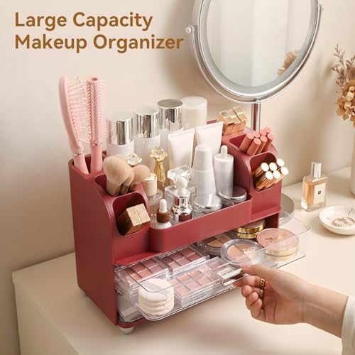 Large-Capacity Makeup Organizer with 2 Drawers & 6 Brush Holders - Red