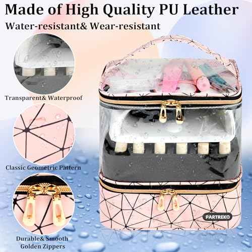 Clear Nail Polish Organizer Holds 60 Bottles (15ml/0.5fl.oz)& Nail Lamp, Double Layer Nail Supplies Organizer Case Transplant, PU Leather Nail kit Storage Bag for Manicure Tools (Pink)