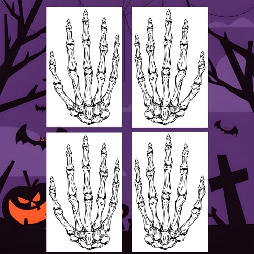Skeleton Hand Temporary Tattoos - 4-Sheet Halloween Fake Tattoo Stickers