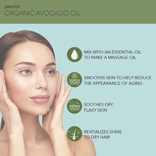 PURA D'OR 16 Oz ORGANIC Avocado Oil-100% Pure&Natural USDA Certified Cold Pressed Carrier Oil For DIY Beauty,Non-Greasy,Unscented,Hexane Free Liquid Moisturizer-Face Skin&Hair-Men-&Women,(Pack of 2)