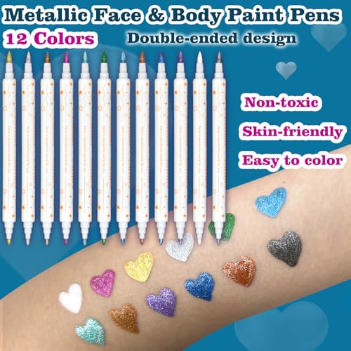 12 Colors Metallic Face Paint Glitter Tattoo Kit, Washable Glittering Face Body Painting Pens for Halloween Makeup Party Festival Clubs Cosplay Costume