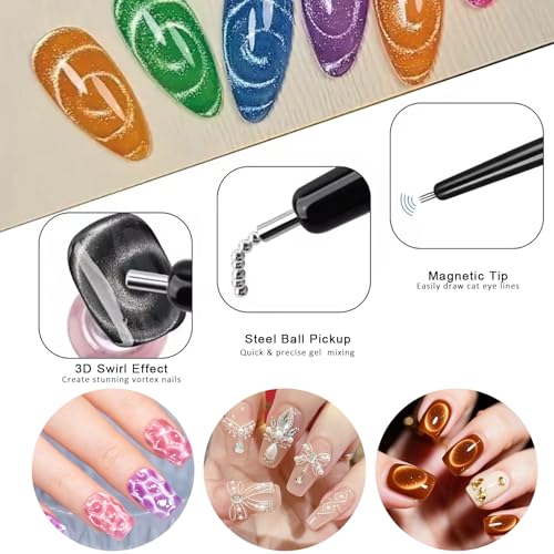 WOKOTO Cat Eye Nail Magnet Tool Set - 5 Dual-Head Pens & 6 Stencils