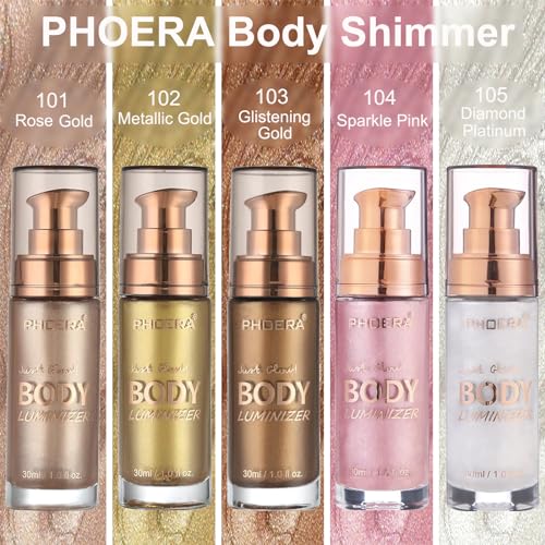 PHOERA Body Shimmer Oil, Body Bronzer Shimmer Oil,Body Glow Oil Shimmer Highlighter Luminizer Body Illuminator with Makup Bursh,Self Tanning Lotion,1oz/Jars (101 Rose Gold)