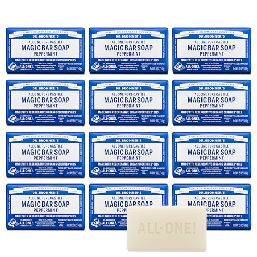 Dr. Bronner's Pure-Castile Magic Bar Soap (Peppermint, 5oz, 12-Pack) ? Made with Regenerative Organic Certified Oils, Soap Bars for Men & Women, Vegan, Cruelty-Free, Non-GMO