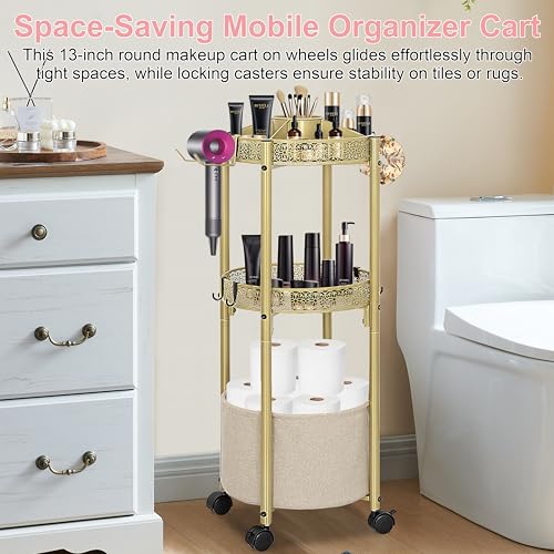 3-Tier Rolling Makeup Organizer Cart with Hair Dryer Holder - Salon-Grade Cosmetic Organizer, Mobile Bathroom Storage Cart for Skincare, Makeup Essentials -Locking Wheels (Gold Finish)