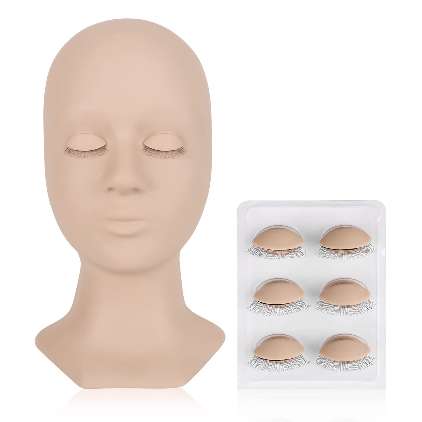 LASHVIEW Lash Mannequin Head , with 4 Pairs Replaced Eyelids Practice, Makeup Soft-Touch Rubber, Natural Skin Color