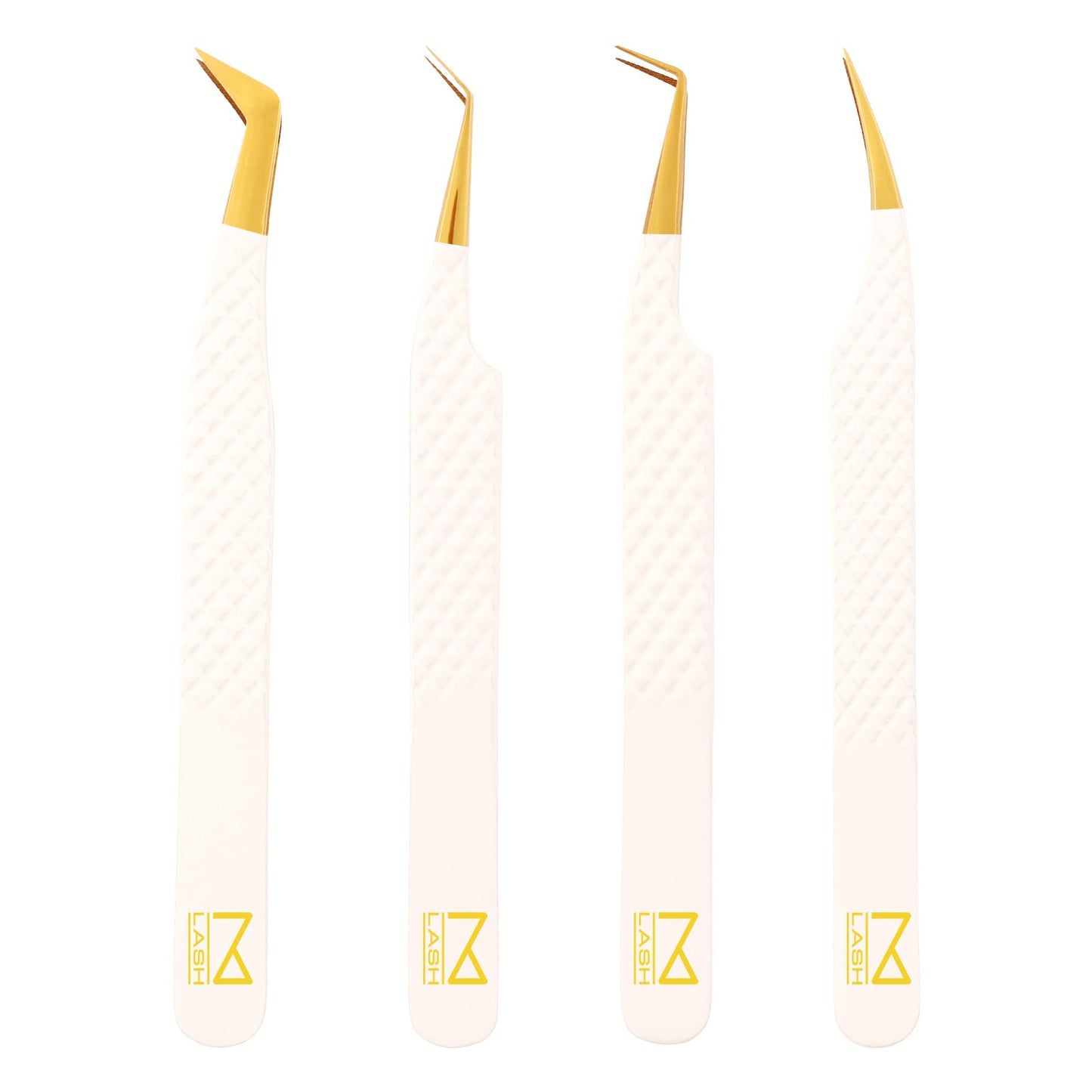 M LASH Eyelash Extension Tweezers (Set of 4) - Professional & Precision Lash Tweezers for Eyelash Extensions - Japanese Steel, Diamond Grip, Fiber Tip V5 (White)