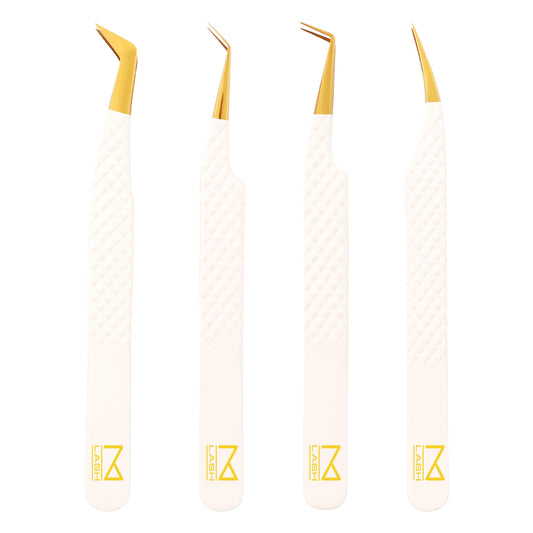 M LASH Eyelash Extension Tweezers (Set of 4) - Professional & Precision Lash Tweezers for Eyelash Extensions - Japanese Steel, Diamond Grip, Fiber Tip V5 (White)