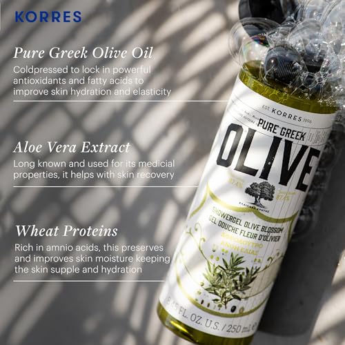 KORRES Olive Blossom Body Care Set, Hydrating Shower Gel (8.45 fl oz), Nourishing Body Cream (6.76 fl oz) & Hand Cream (2.54 fl oz), Greek Olive Oil Skincare Gift Set for Dry Skin