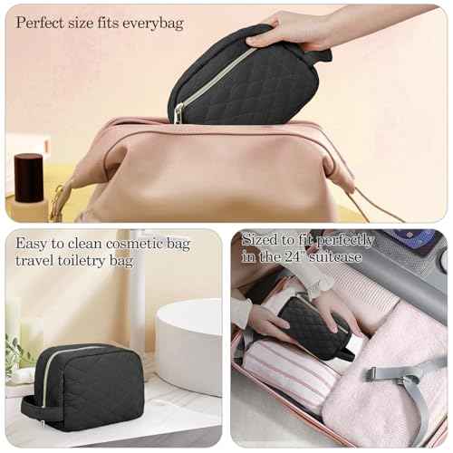 MAXTOP Black Quilted Makeup Bag Small Makeup Pouch for Women Travel Essentials Waterproof Travel Bag for Cosmetics Toiletries Accessories£¨Black£©