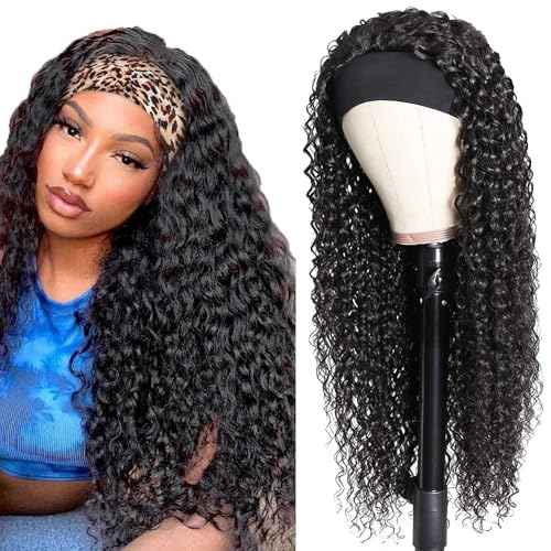 Deep Wave Headband Wig Human Hair Curly Headband Wigs for Black Women Human Hair 20 Inch Glueless None Lace Front Wig Brazilian Virgin Hair Wear and Go Wigs 150% Density Natural Black Color
