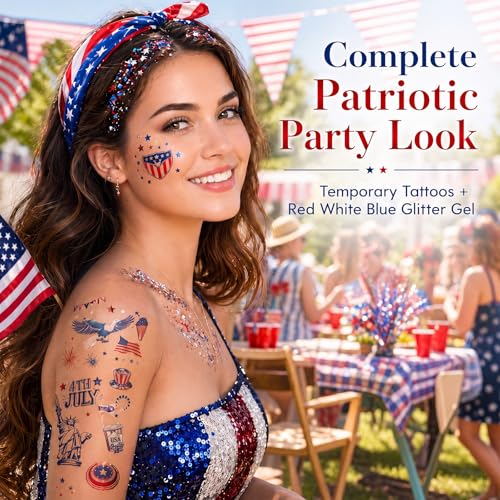 100 Patriotic Temporary Tattoos + Glitter Gel Stick Kit