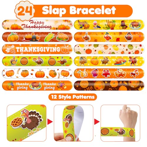 48PCS Thanksgiving Party Set - 24PCS Temporary Tattoos & 24PCS Slap Bracelets - Festive Fall-Themed Birthday Supplies, Baby Shower Gifts, Classroom Rewards & Holiday Decor for Kids (Boys & Girls)