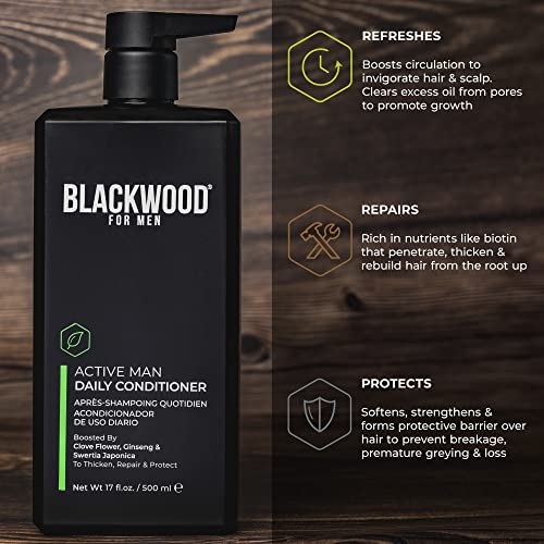 BLACKWOOD FOR MEN Active Man Daily Conditioner (17oz) and Pure Moisture Body Wash (17oz) Bundle - Natural Vegan Formula - Sulfate Free, Paraben Free, & Cruelty Free