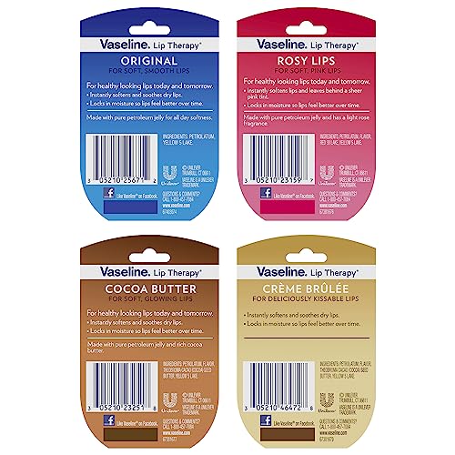 Vaseline Lip Therapy Rosy Lips, Cocoa Butter, Creme Brulee, Original - Vaseline Lip Balm, Tinted and Clear Lip Gloss Set, 2 of Each, 0.25 Oz Ea (8 Piece Set)