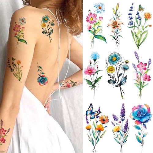 Tazimi 20 Sheets 3D Watercolor Floral Temporary Tattoos for Women