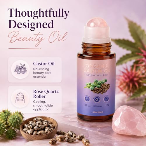 Organic Cold Pressed Castor Oil with Rose Quartz Roller for Brows & Lashes