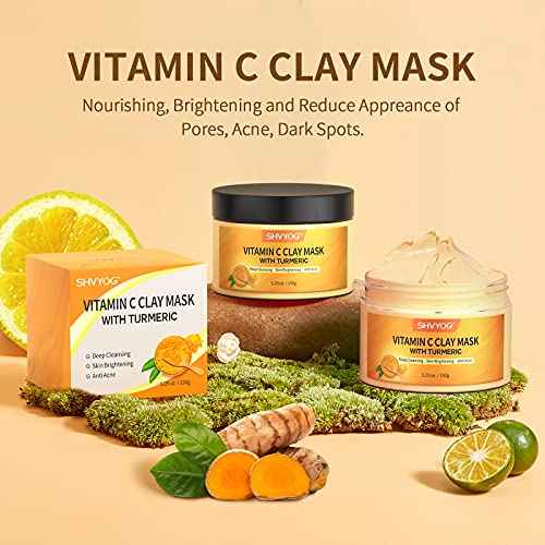 SHVYOG Vitamin C Face Mask with Kaolin Clay and Turmeric for Dark Spots, Dull Skin, Skincare Facial Mask for Controlling Oil and Refining Pores 5.29 Oz