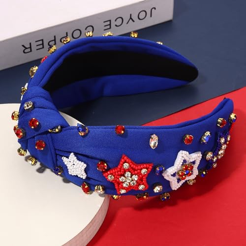 NVENF Pearl Crystal Rhinestone Knotted Headbands, Patriotic Accessories Outfits for Women Holiday Gifts (American Flag Design)