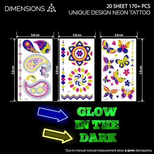 Glow in the Dark Neon Temporary Tattoos - 20 Sheets, 170+ Unique Designs for Party Rave Festival