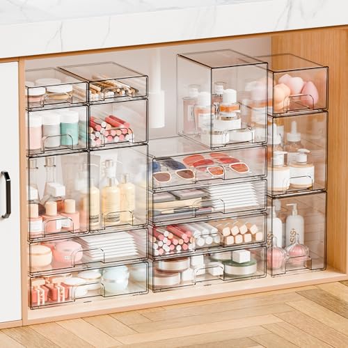 2 Pack Acrylic Drawer Organizer,12.2''W Clear Stackable Storage Drawers,Acrylic Boxes for Storage Makeup Palettes,Cosmetics,Pull Out Bathroom Storage Bins for Hair Products,Medicine Cabinet Organizer