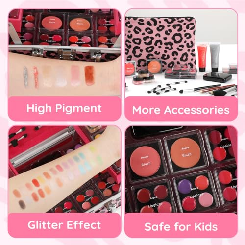 Anpro All-In-One Leopord Double Folding Makeup Kit with Case, Pro Teen Makeup Set, Full Starter Kit with Makeup Brushes, Lipsticks, Eyeshadow Palette, Blushes, Glitter Gel, Ideal Present for Girls