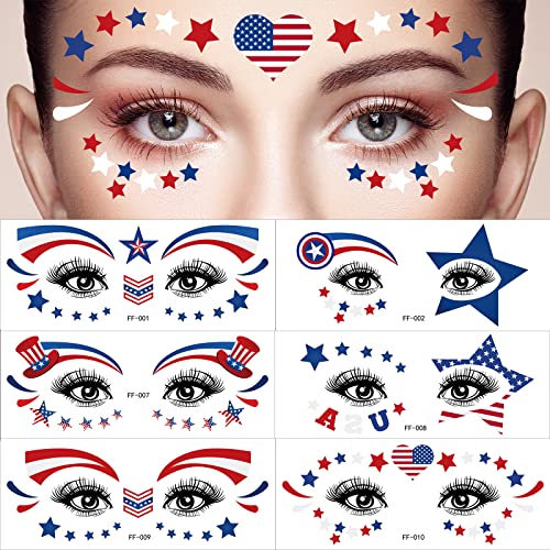 10 Sheet 4th of July Decorations Temporary Tattoos Eye Stickers Independence Day Themed Face Stickers America Flag Red White and Blue Fake Tattoos USA Party Supplies