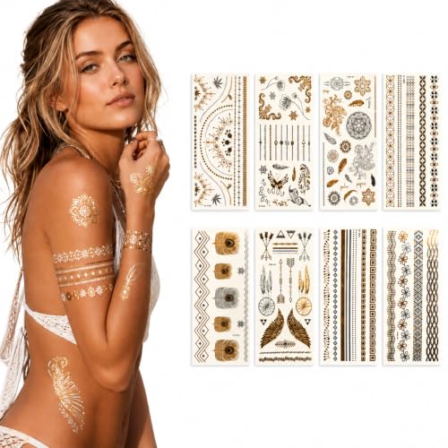 Gold Metallic Temporary Tattoos - 8 Sheets, 100+ Designs