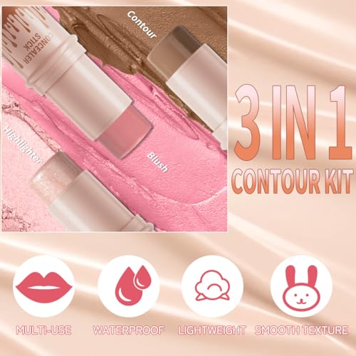 3-Piece Cream Contour Stick Kit with Highlighter & Blush