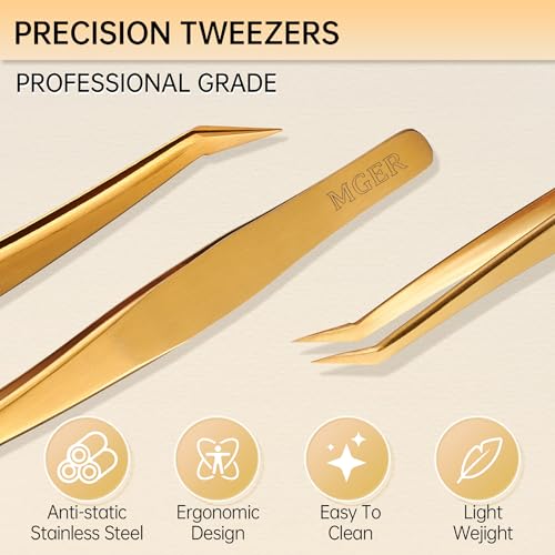 MGER Lash Tweezers for Eyelash Extension-Professional Lashing Tweezers for Mega Volume Mink Eyelashes Extensions Applying, Gold tweezers