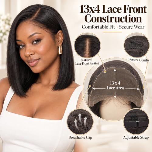 Natural Black 14 Inch Short Bob Wig Human Hair 13x4 Lace Front for Black Women