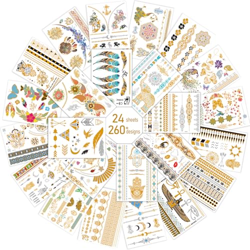 Metallic Temporary Tattoo 260+ Gold Silver Fake Tattoos for Women,Flash Jewelry Gold Tattoos Waterproof and Long Lasting