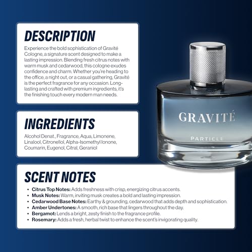 Particle Gravité Cologne Spray for Men, Long Lasting Woody Citrus