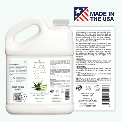 Organic Aloe Vera Gel Bulk - Half Gallon - for Face, Skin, Hair & Sunburn Relief From 100 Percent Pure Aloe Vera - Cold Pressed, Vegan, Unscented - Made in USA (64 Fl Oz)