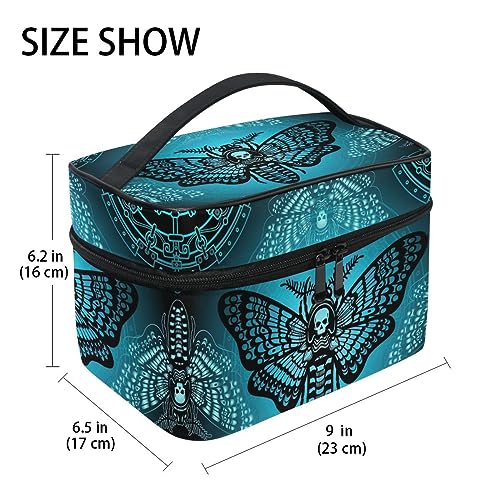 Makeup Bags, Gothic Blue Skull Moth Butterfly Makeup Organizer Bags Toiletry Bag Box Travel Cosmetic Bag Make Up Train Case for Women Teen Girl Ladies