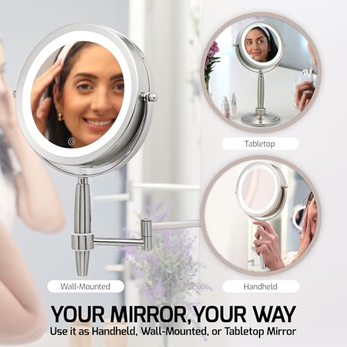 OVENTE 7'' Lighted Makeup Mirror with 1X/8X Magnification, Cordless Multi-Functional Round Vanity Mirror with 360¡Æ Swivel Design, Double Sided and Three Toned LED Lights, Nickel Brushed MFM70BR1X8X