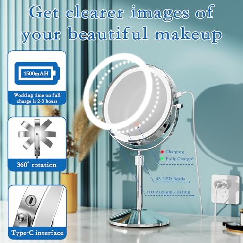 Vanity Mirror with Lights 7" Rechargeable 1x/10x Lighted Makeup Mirror Adjustable Height Double Sided Mirror with Lights 360¡ÆRotating Makeup Mirror
