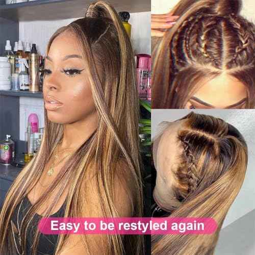 13X6 Highlight Lace Front Wig Human Hair Pre Plucked Ombre 4/27 Lace Front Wig Human Hair 180 Density Highlight Human Hair 26 Inch