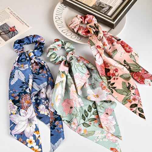4-Piece Satin Hair Scarf Scrunchies for Women Girls, No Damage Cute Hair Ties with Bow Ribbons Ponytail Holders Elastic Rubber Bands (Lily)