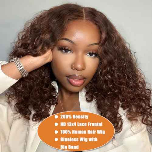 DJFG Deep Wave Lace Front Wigs Human Hair Curly Wig Human Hair HD Frontal 200 Density 13x6 Lace Brown 12 Inch
