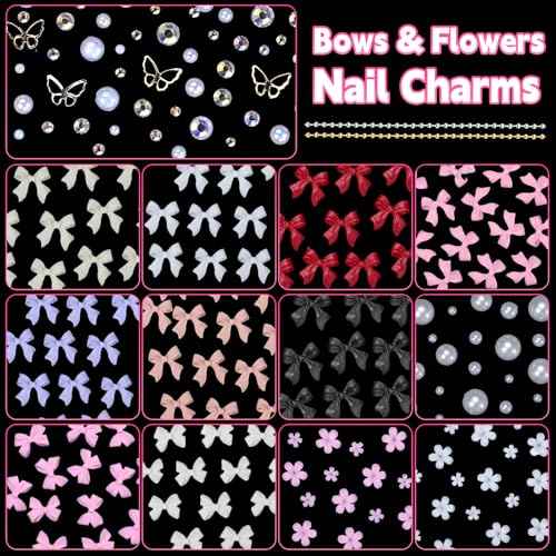 2 Boxes Mixed 3D Nail Charms and Rhinestones, Color Bows Bowknots Flowers Acrylic Nail Art Charms, Flatback Pearl Nail Gems Charms DIY Nail Art Accessories