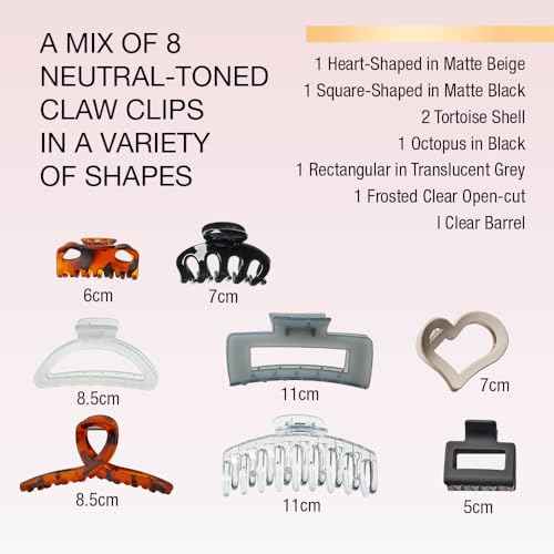 Scunci by Conair 8 piece claw clips set - claw clips for thick hair - hair accessories for women - Neutral Colors