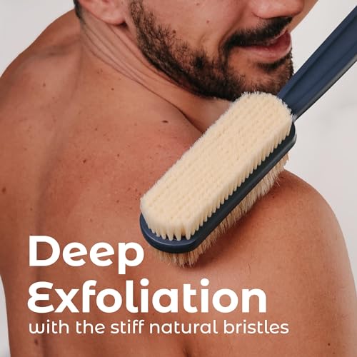 MainBasics Blue Dual Sided Shower Brush with Long Handle - Back Scrubber