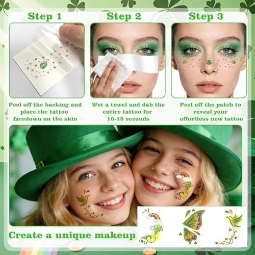 Green Leaves Freckles Temporary Glitter Tattoos for Women St Patrick's Day Glitter Shamrock Face Tattoo Stickers, Saint Patrick's Day Makeup St Patrick Day Accessories