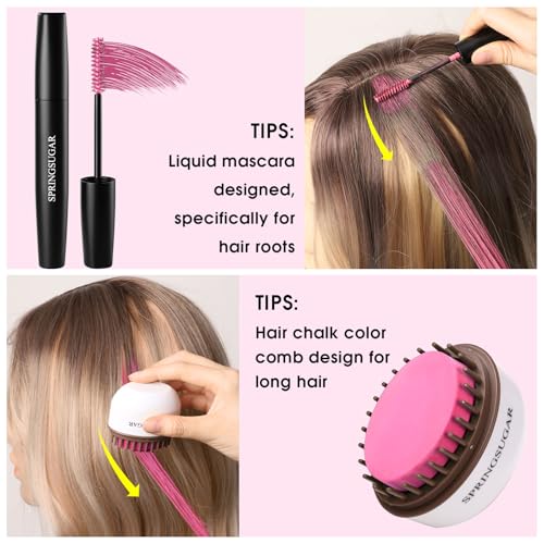 Hot Pink Temporary Hair Chalk & Washable Mascara Dye Set for Girls Kids - Vibrant Hair Color Comb