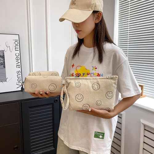 Small Cosmetic Bag set for Women Corduroy Makeup Bag with Interior Pocketes Cute Corduroy Makeup Pouches Women Small Toiletry Bag (Beige Smile)