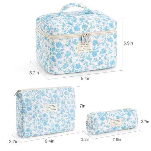 Makeup Bag for Women 3PCS Quilted Cotton Make Up Bag Travel Cosmetic Bag Large Makeup Bag Set Cute Bag Organizer Floral Toiletry Pouch for Purse, Azure Blue