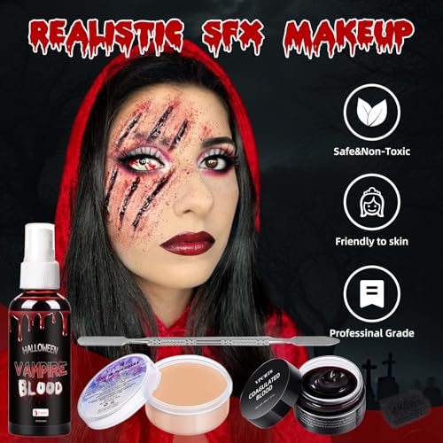 Special Effects SFX Halloween Makeup Kit, Professional Horror SFX Makeup Set with Scar Wax+Bruise Palette+Fake Blood Spray+Realistic Blood Gel for Wounds, for Realistic Zombie, Vampire&Demon