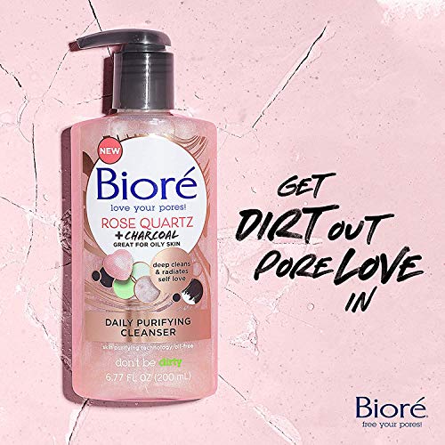 Bioré Rose Quartz + Charcoal Daily Face Wash, Oil Free Facial Cleanser Energizes Skin, Dermatologist Tested and Cruelty Free, 6.77 Ounces (Pack of 3)