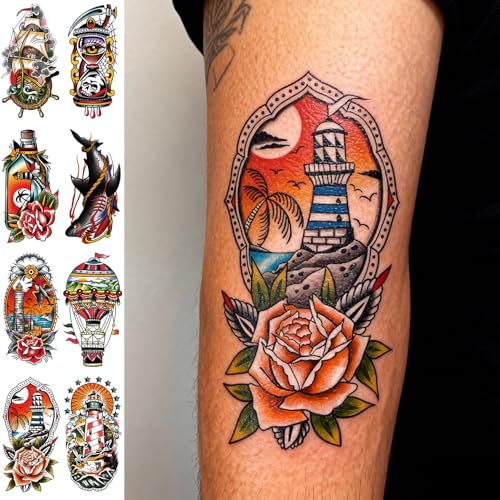 8 Sheets Nautical Temporary Tattoos for Adults - Waterproof